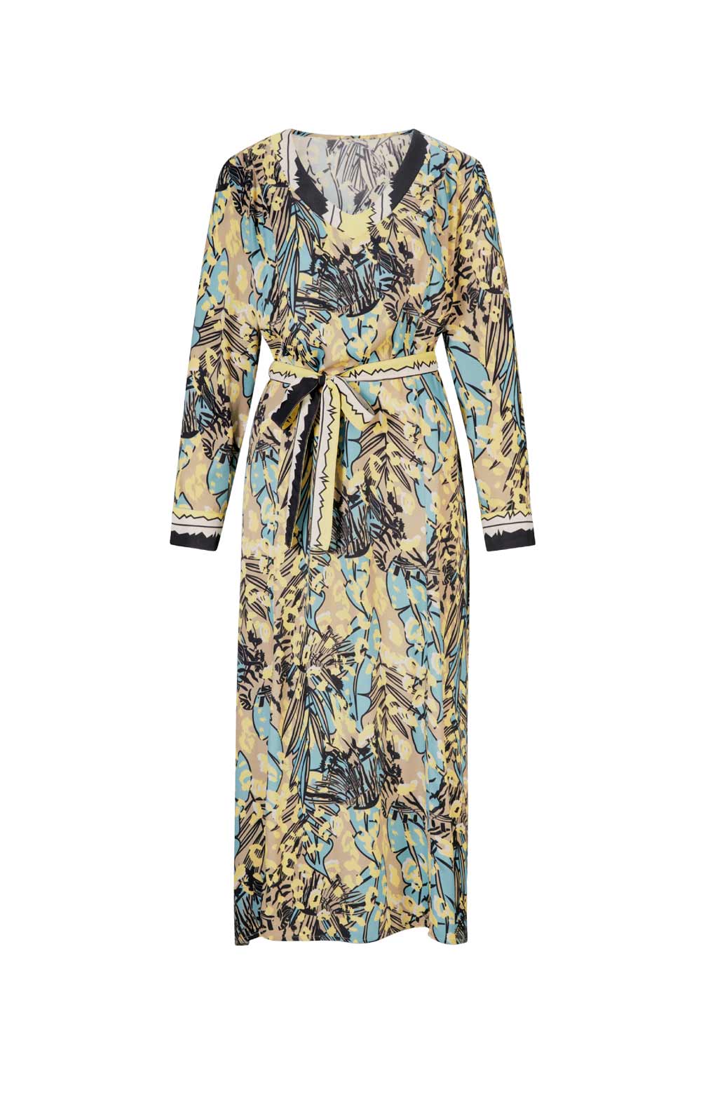 Damen Druckkleid m. Gürtel, beige-zitrone Damen Druckkleid m. Gürtel, beige-zitrone