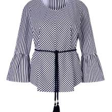 Festliche Bluse 50 mit Volants Damenbluse Business blau weiß Création L Festliche Bluse 50 mit Volants Damenbluse Business blau weiß Création L