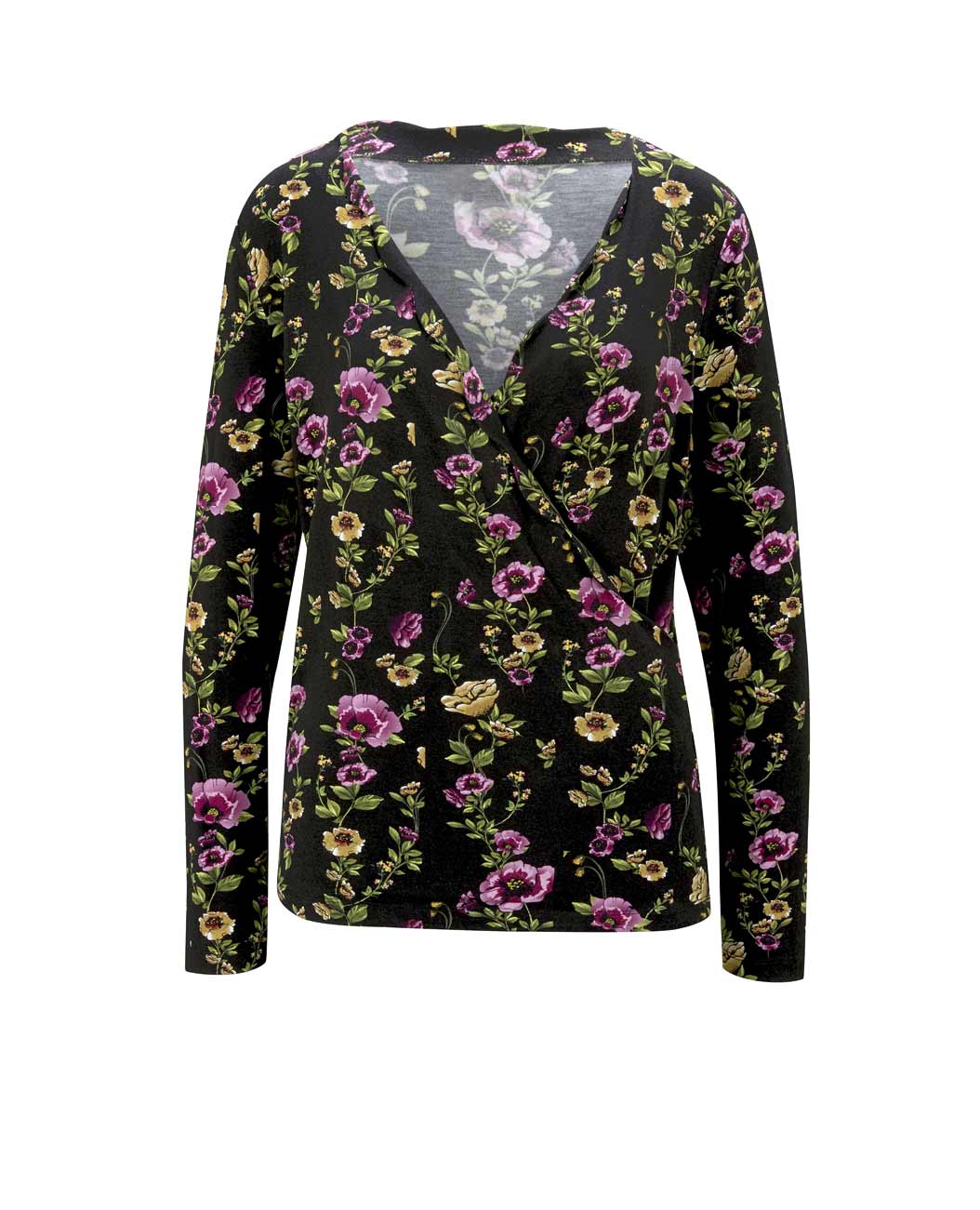 Damen Shirt Druckshirt, schwarz-bunt Frühling Figurbetont V-Ausschnitt Damen Shirt Druckshirt, schwarz-bunt Frühling Figurbetont V-Ausschnitt