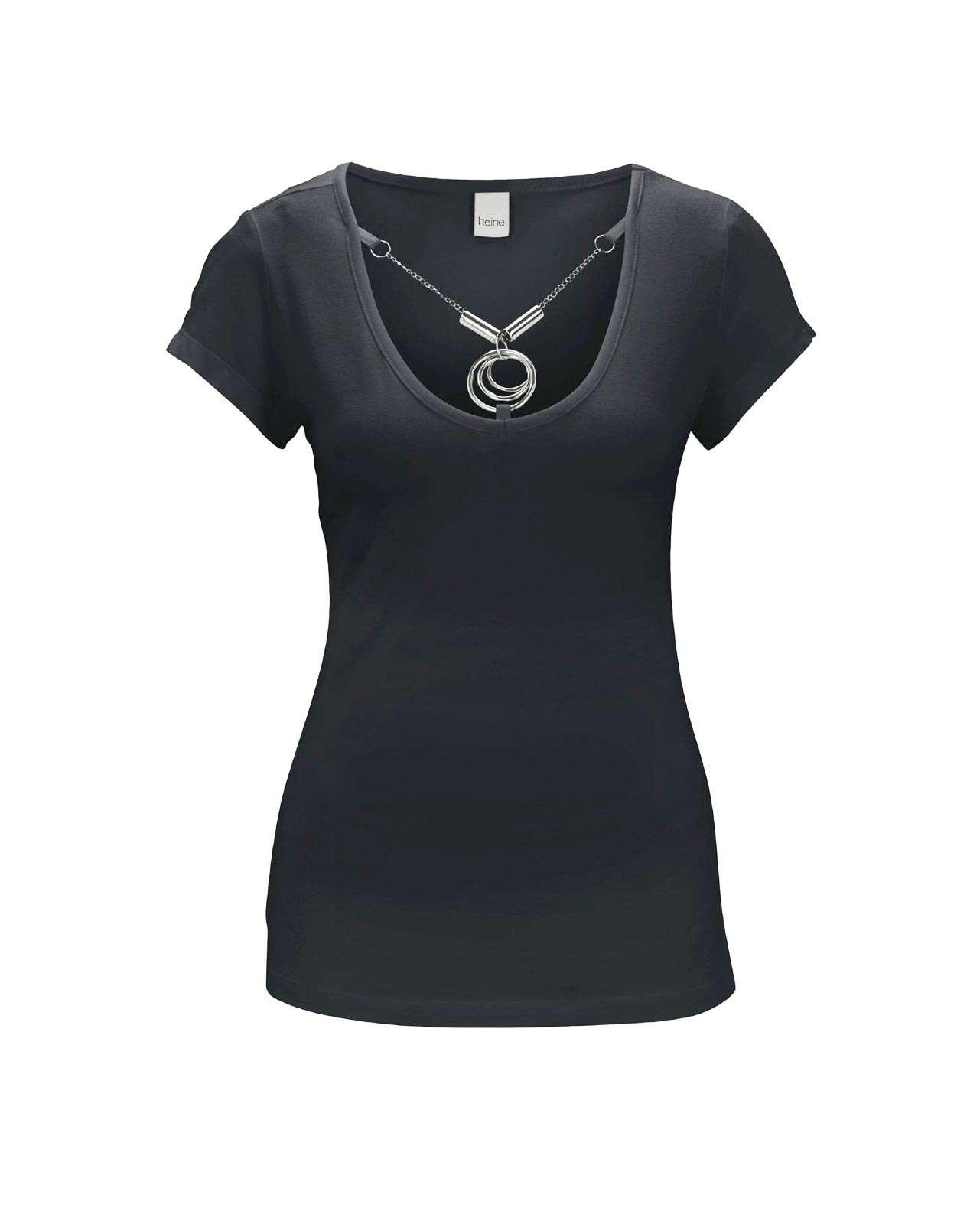 Damen Shirt Oberteil Jerseyshirt mit  Schmuckkette, schwarz Damen Shirt Oberteil Jerseyshirt mit  Schmuckkette, schwarz