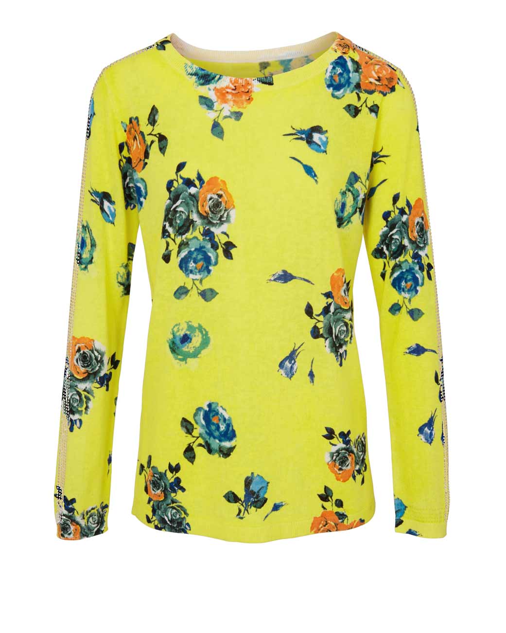 Damen Pullover Feinstrick gelb Druckpullover mit Strass Linea Tesini Damen Pullover Feinstrick gelb Druckpullover mit Strass Linea Tesini