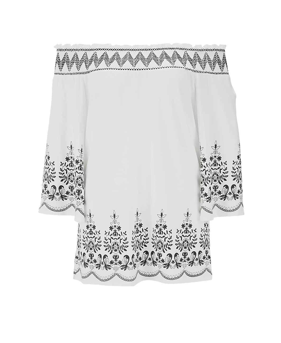 Damen Carmenshirt mit Stickerei, ecru-schwarz von Heine Damen Carmenshirt mit Stickerei, ecru-schwarz von Heine