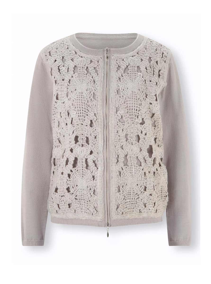 Damen Strickjacke Cardigan kurz Feinstrick mit Kurbelstickerei hellgrau Damen Strickjacke Cardigan kurz Feinstrick mit Kurbelstickerei hellgrau