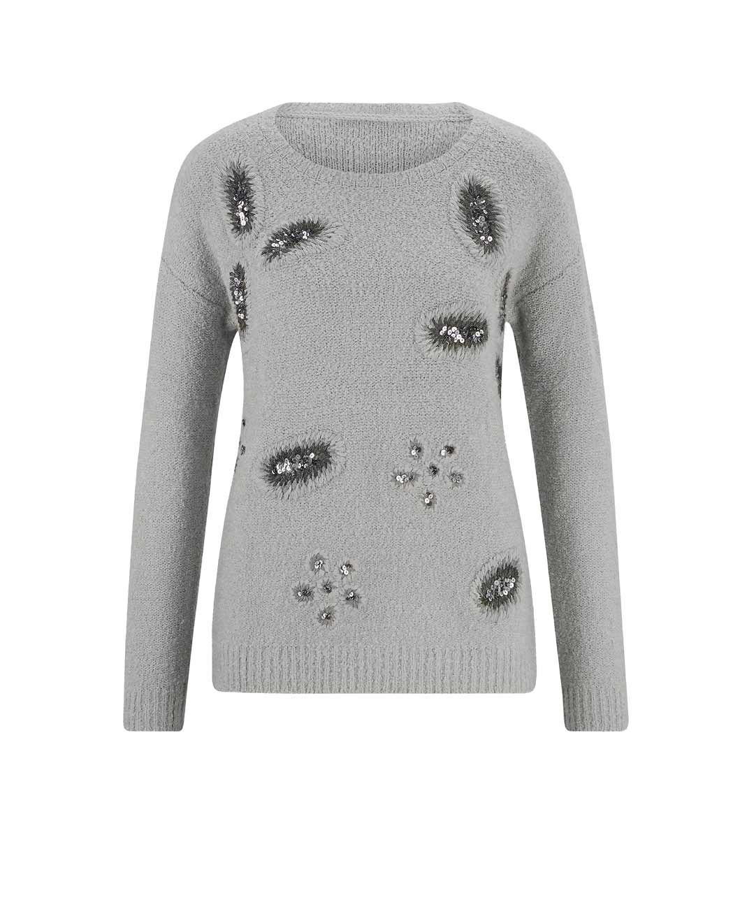 Damen Pullover Strickpullover Pulli bestickt warm Winter hellgrau grau Damen Pullover Strickpullover Pulli bestickt warm Winter hellgrau grau