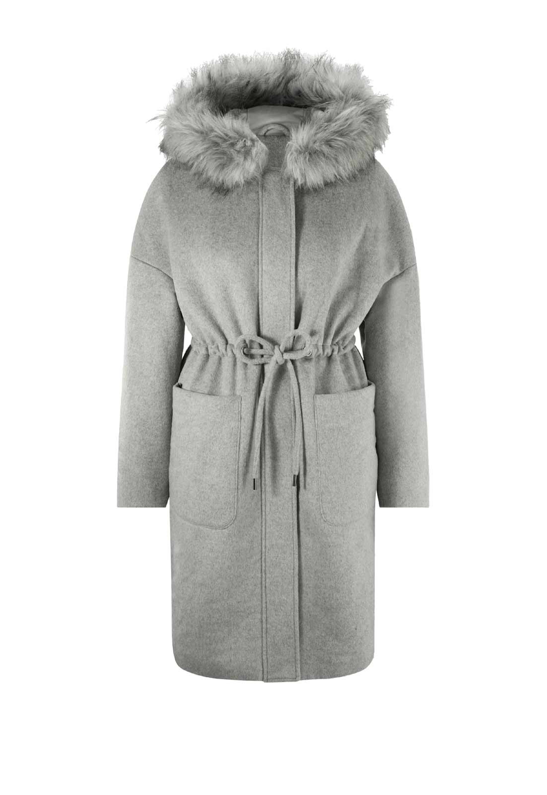 Damen Mantel Wintermantel Wolle Fell Kapuze mit Gürtel Wollmantel hellgrau Damen Mantel Wintermantel Wolle Fell Kapuze mit Gürtel Wollmantel hellgrau