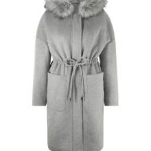 Damen Mantel Wintermantel Wolle Fell Kapuze mit Gürtel Wollmantel hellgrau Damen Mantel Wintermantel Wolle Fell Kapuze mit Gürtel Wollmantel hellgrau