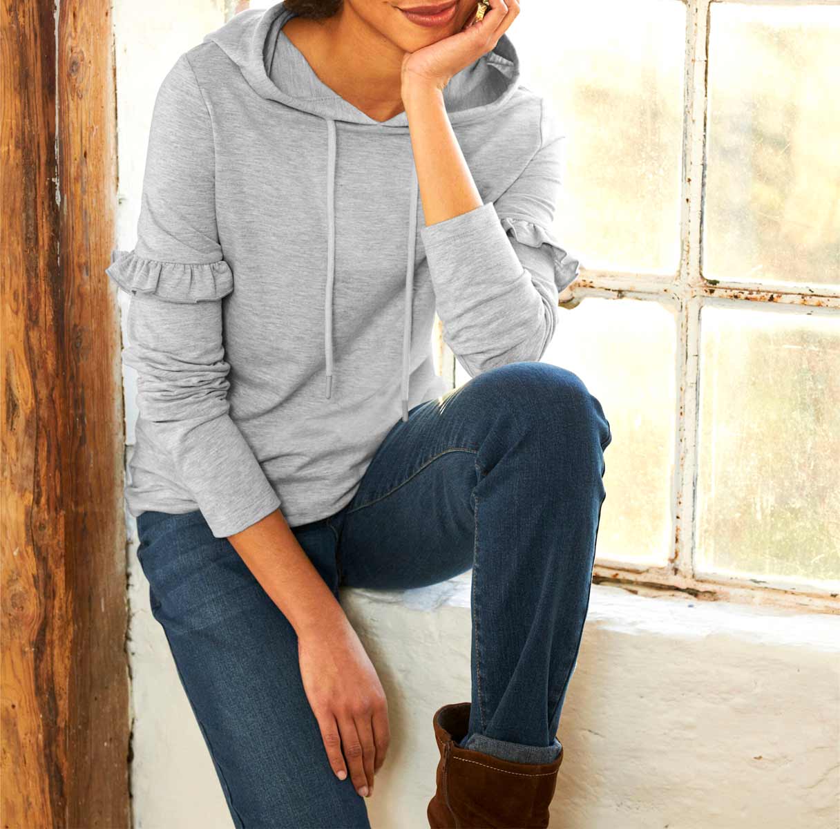 Designer-Sweatshirt m.Kapuze u. R?schen, grau Designer-Sweatshirt m.Kapuze u. R?schen, grau