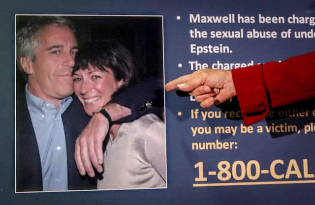 An image of Jeffrey Epstein and Ghislaine Maxwell showcased at a press conference in New York on July 2, 2020. (John Minchillo, AP) An image of Jeffrey Epstein and Ghislaine Maxwell showcased at a press conference in New York on July 2, 2020. (John Minchillo, AP)