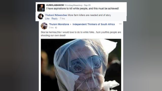 Screenshots show vile hate speech targeting white South Africans, including a user’s threat to suffocate a woman with a plastic bag over her head. Screenshots show vile hate speech targeting white South Africans, including a user’s threat to suffocate a woman with a plastic bag over her head.