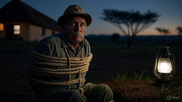 Artistic impression of a South African farmer tied up on his farm, symbolizing the recent attack on Johan van Biljon in Kestell. Artistic impression of a South African farmer tied up on his farm, symbolizing the recent attack on Johan van Biljon in Kestell.