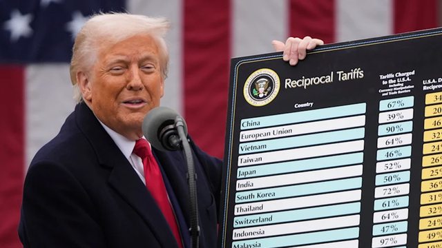 President Trump holds a tariffs board in a file photo, signaling his aggressive trade policy shift to address the U.S. trade deficit. (AP) President Trump holds a tariffs board in a file photo, signaling his aggressive trade policy shift to address the U.S. trade deficit. (AP)