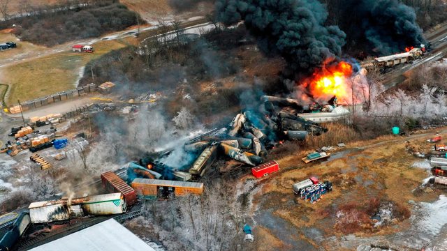 Aerial view of the smoldering aftermath of the Norfolk Southern train derailment in East Palestine, Ohio, with scattered railcars, debris, and fires still burning on February 3, 2023. Aerial view of the smoldering aftermath of the Norfolk Southern train derailment in East Palestine, Ohio, with scattered railcars, debris, and fires still burning on February 3, 2023.
