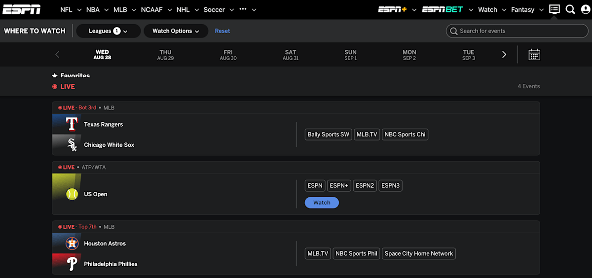 ESPN’s The place to Watch presents a TV and streaming information to sports activities viewing ESPN’s The place to Watch presents a TV and streaming information to sports activities viewing