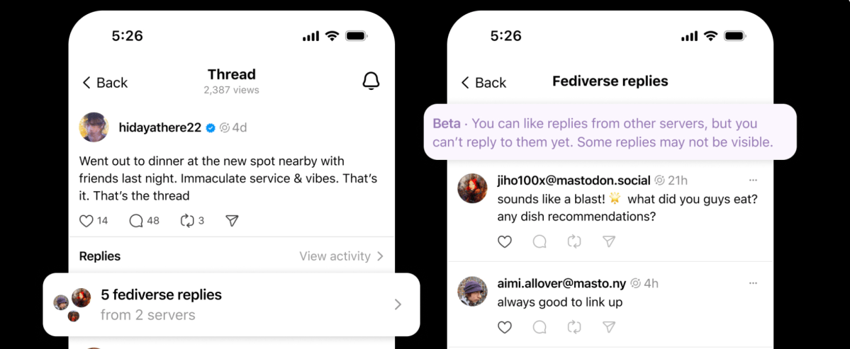 Threads can now present replies from Mastodon and different fediverse apps Threads can now present replies from Mastodon and different fediverse apps