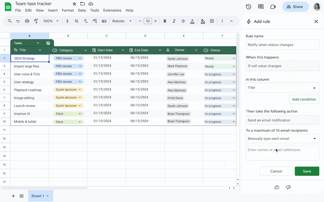 Google Sheets’ new software allows you to set particular guidelines for notifications. Google Sheets’ new software allows you to set particular guidelines for notifications.