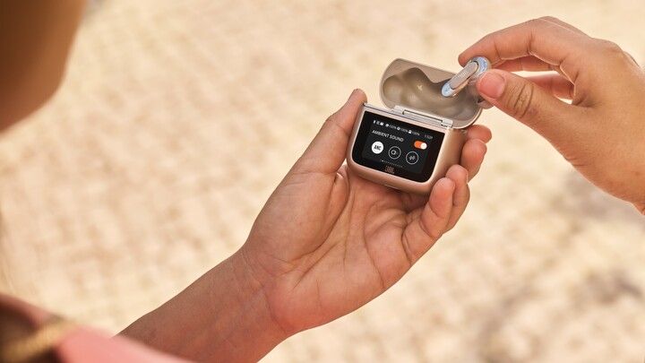The JBL Tour Professional 3 earbuds include a case that may transmit audio wirelessly The JBL Tour Professional 3 earbuds include a case that may transmit audio wirelessly