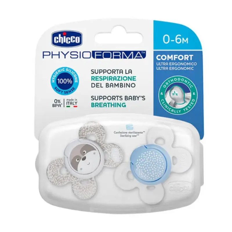 Chupeta Chicco Comfort Azul silicone 0-6m x2 unidades +caixa esterilizadora