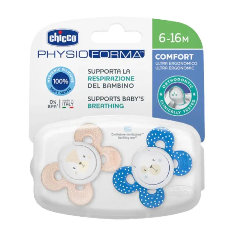 Chupeta Chicco Comfort Azul silicone 6-16m x2 unidades +caixa esterilizadora