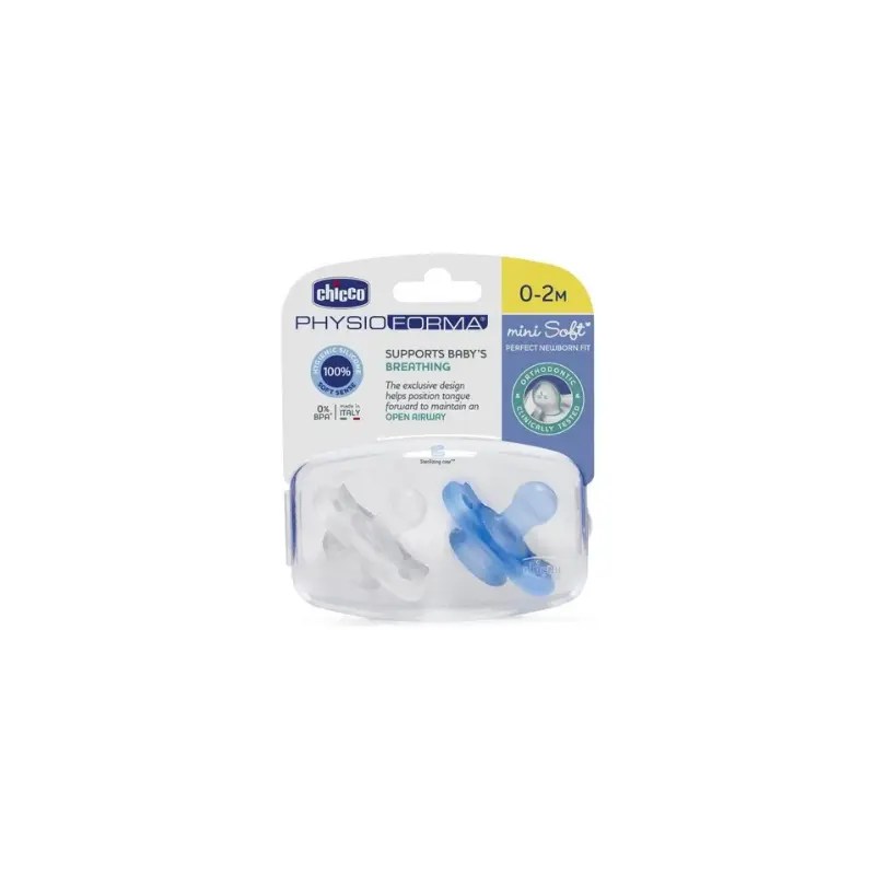 Chicco Chupeta Mini Soft silicone Azul 0-2m x2 unidades +caixa esterilizadora
