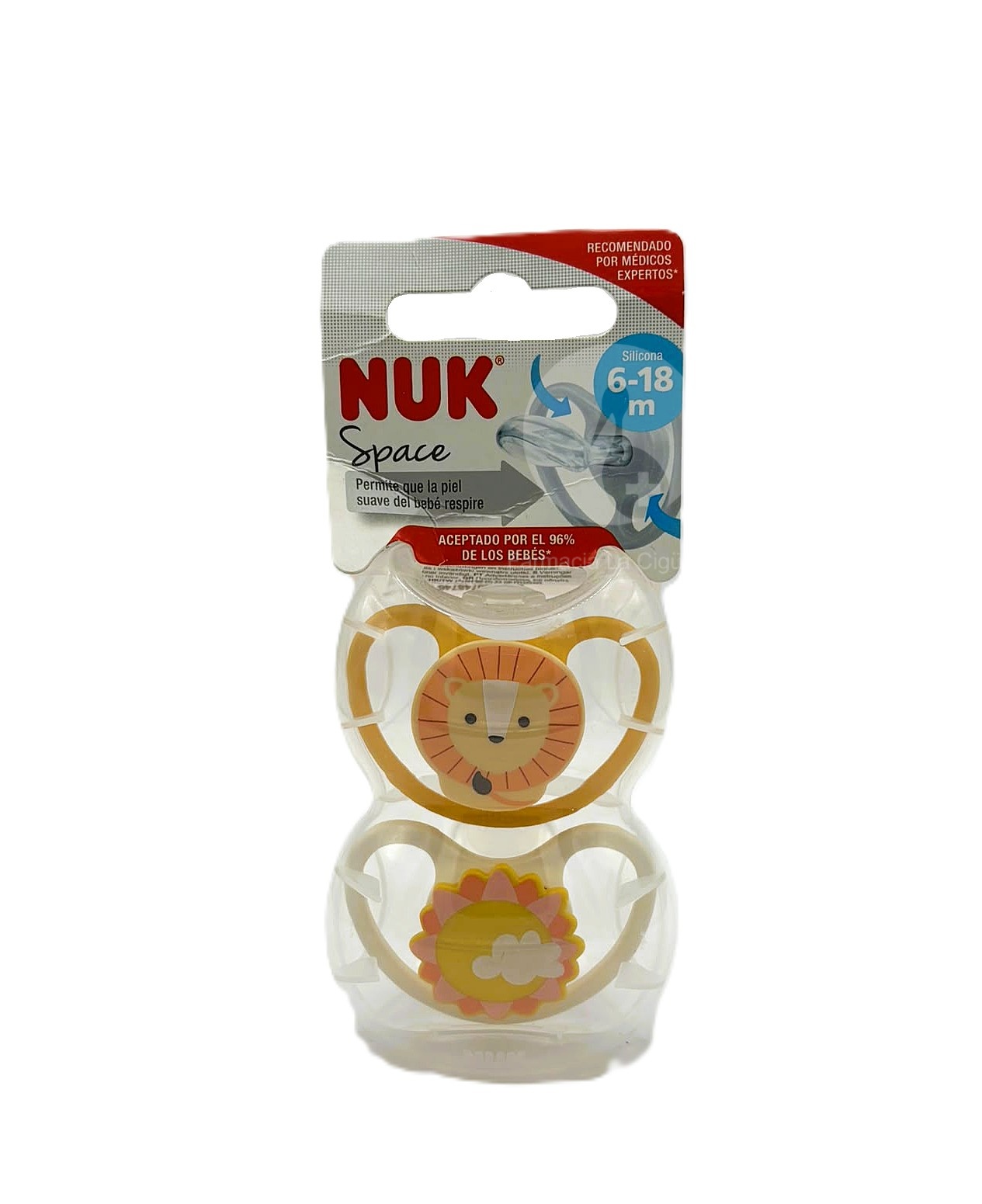 CHUPETE SILICONA NUK SPACE 6 – 18 MESES 2 UNIDADES LEON