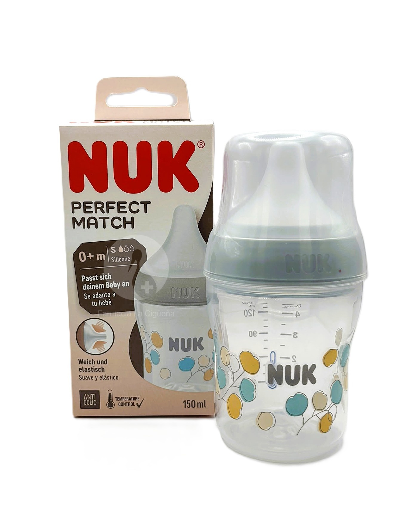 BIBERON PP SILICONA NUK PERFECT MATCH FLUJO S 1 UNIDAD 150 ML ALGODON