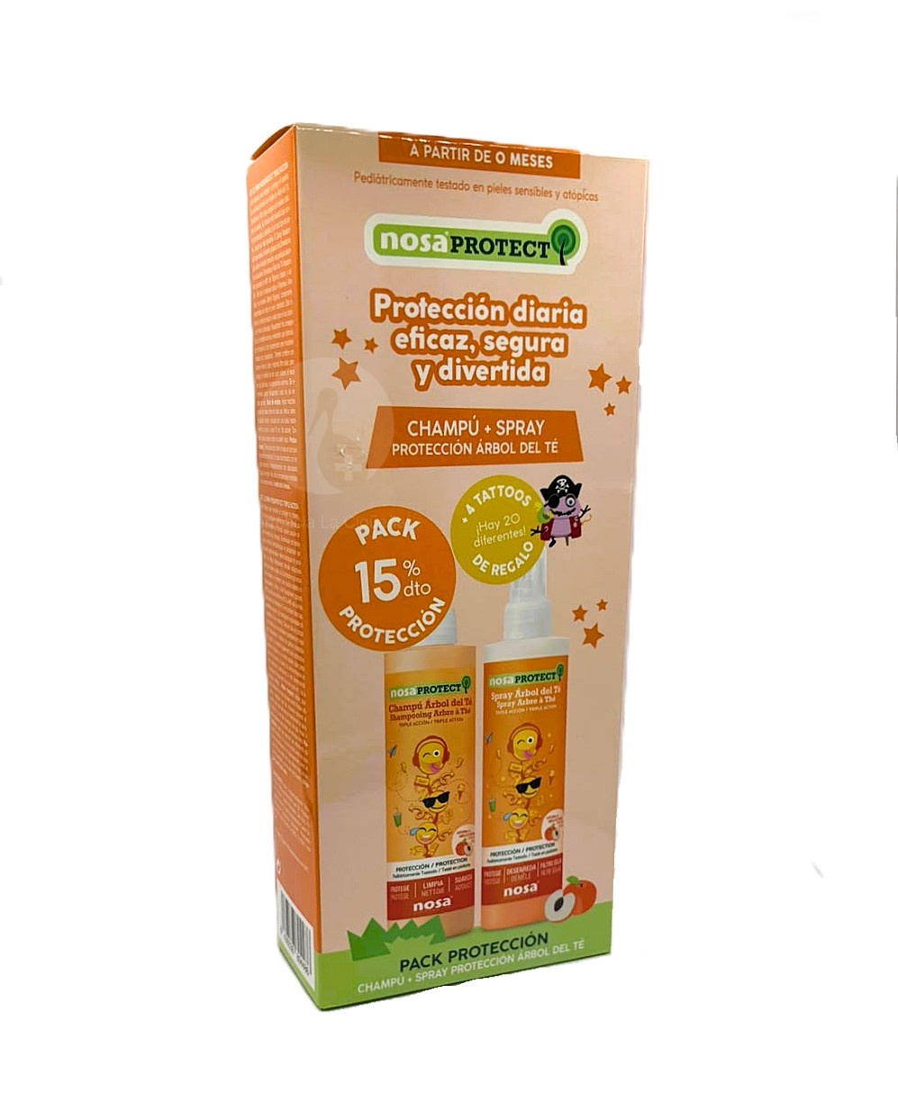 NOSA PROTECT PACK CHAMPU+SPRAY PROTECCION  ARBOL DEL TE AROMA MELOCOTON