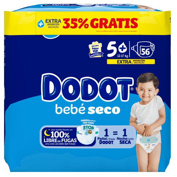 PAÑAL INFANTIL DODOT BEBE SECO EXTRA TALLA 5 11-16 KG 56 UNIDADES STICKER