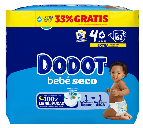 PAÑAL INFANTIL DODOT BEBE SECO EXTRA TALLA 4 9-14 KG 62 UNIDADES STICKER