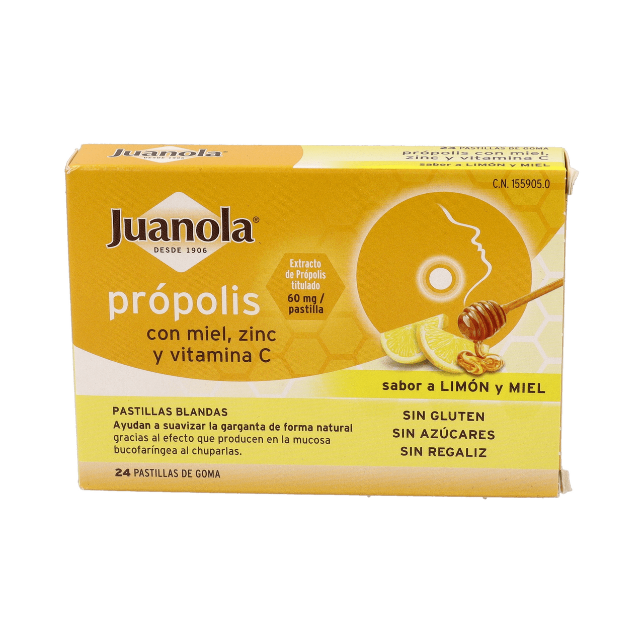 JUANOLA PROPOLIS MIEL ZINC Y VITAMINA C 24 PASTILLAS DE GOMA SABOR LIMON MIEL