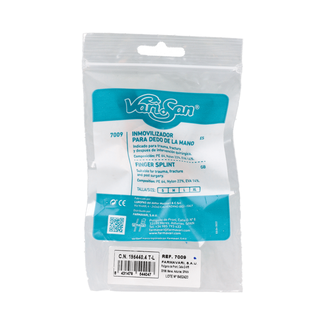 INMOVILIZADOR PARA DEDO DE LA MANO VARISAN 1 UNIDAD TALLA L