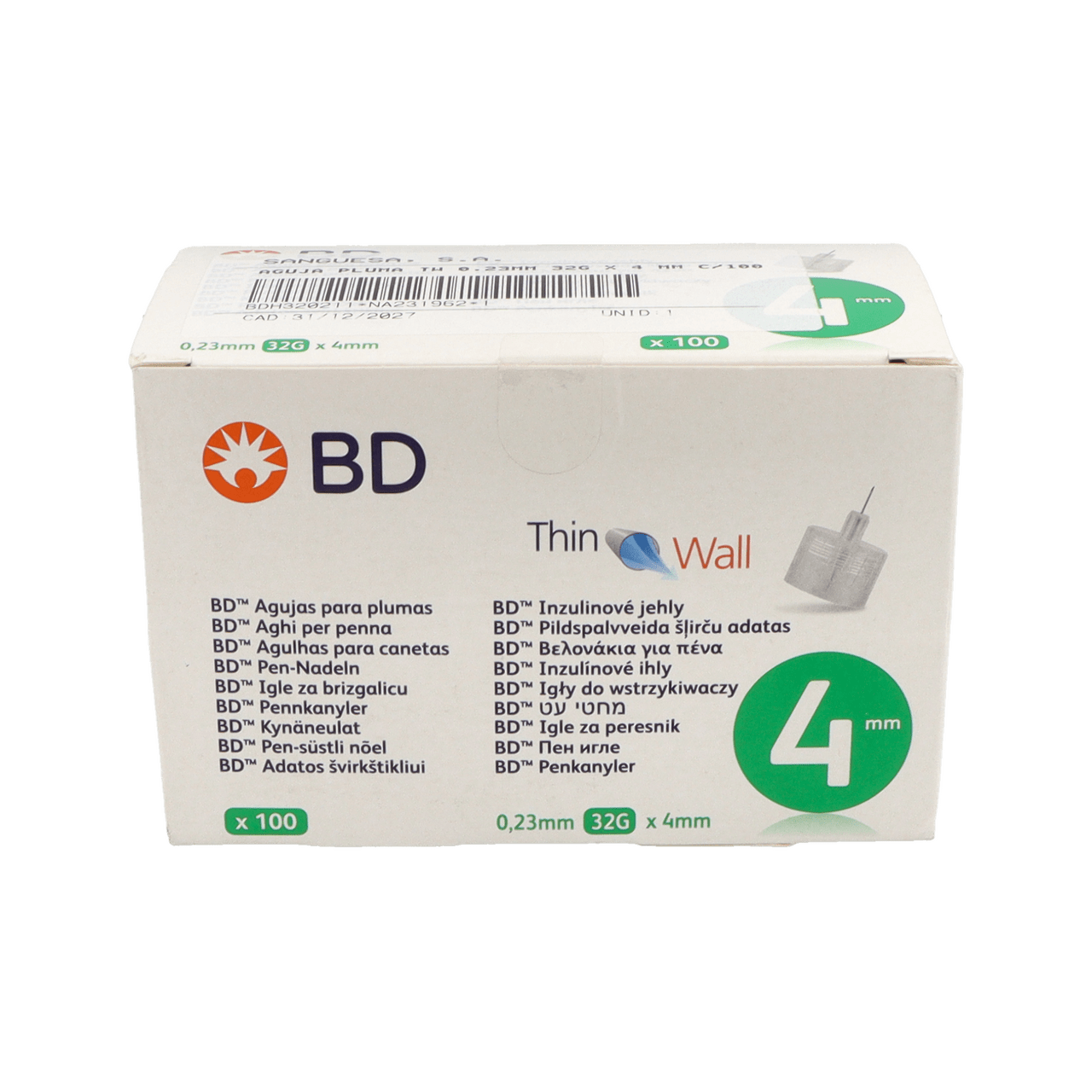 AGUJA PARA PLUMAS ESTERIL BD 100 UNIDADES 32 G (4 MM X 0,23 MM)
