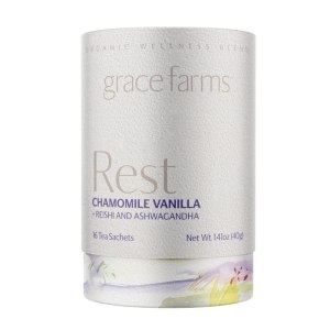 Grace Farms REST Wellness Organic Tea Blend (16 Pyramid Sachets) | Sleep and Stress Support For Evening | Chamomile Vanilla Tea with Adaptogenic Herbs and Mushrooms | Fairtrade and Kosher