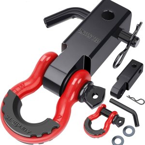 AUTOBOTS Shackle Hitch Receiver 2″, 45,000 Lbs Break Strength Heavy Duty Receiver with 5/8″ Screw Pin, 3/4″ D Ring Shackles, Towing Accessories for Vehicle Recovery Off-Road, Red&Black