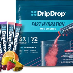 DripDrop Hydration Packets – Juicy Variety Pack – Single Serve Electrolytes Powder Drink Mix – Grape, Fruit Punch, Strawberry Lemonade, Cherry – Non-GMO, Gluten Free, Vegan – 32 Sticks