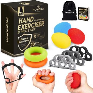 roygra Hand Grip Strengthener, Finger Exerciser, Multiple Resistance Levels Kit – 3 Types, Set of 8