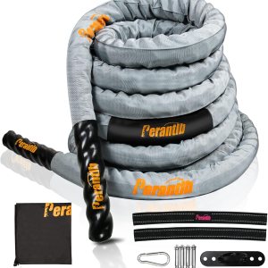 Perantlb Poly Battle Rope with Cloth Sleeve -1.25/1.5/2 Inch Diameter 30′ 40′ 50′ Lengths -Gym Muscle Toning Metabolic Workout Fitness, Battle Ropes for Home Gym