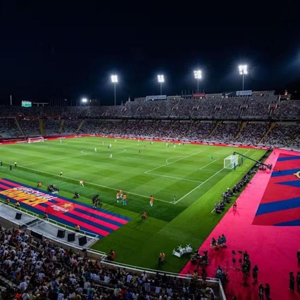Camp Nou: Membership contemplating enjoying Champions League knockout levels exterior of Barcelona Camp Nou: Membership contemplating enjoying Champions League knockout levels exterior of Barcelona
