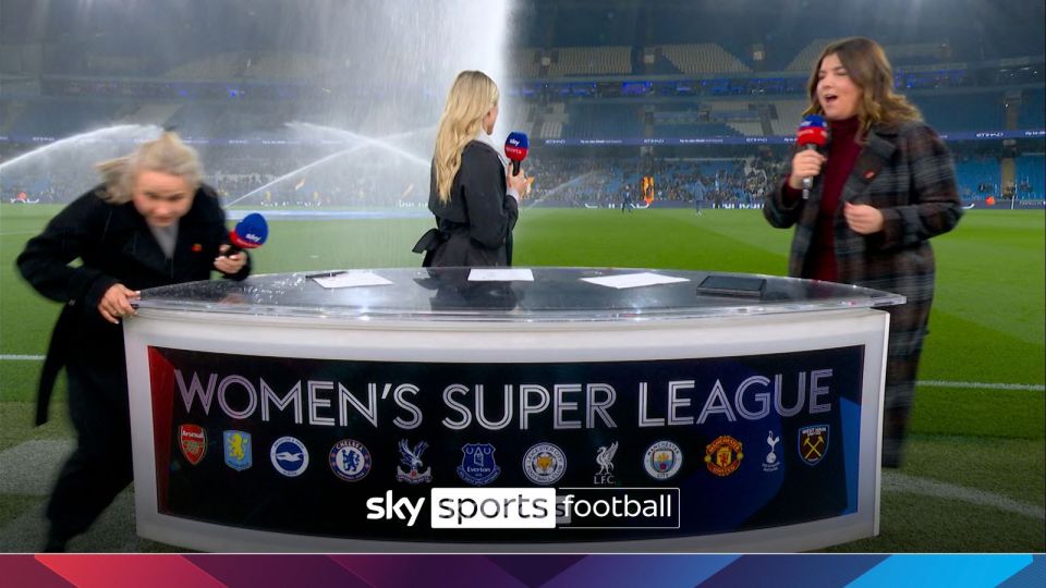 Awkward moment Sky Sports pundits drenched and forced to run for cover Awkward moment Sky Sports pundits drenched and forced to run for cover