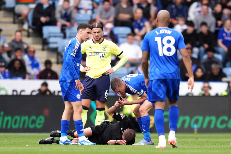 Moment Jamie Vardy grabs prone referee's wrist and blows whistle to stop game Moment Jamie Vardy grabs prone referee's wrist and blows whistle to stop game
