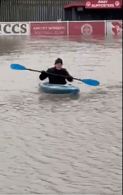 Watch bizarre moment non-league chairman kayaks on his club's pitch Watch bizarre moment non-league chairman kayaks on his club's pitch