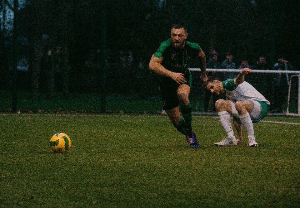 Conor McGregor puts in crunching tackles and nearly scores for pub football team Conor McGregor puts in crunching tackles and nearly scores for pub football team