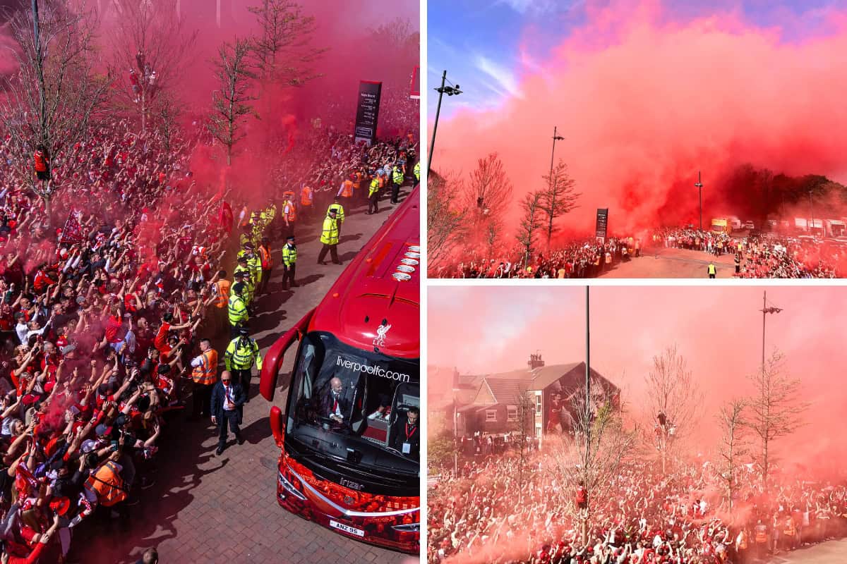 Anfield is red! Incredible scenes as Liverpool fans welcome team bus Anfield is red! Incredible scenes as Liverpool fans welcome team bus
