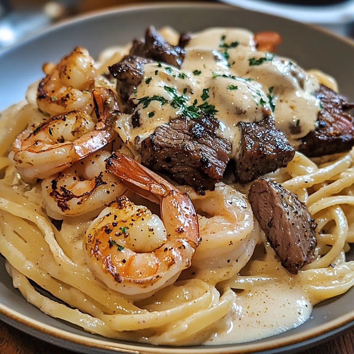 Cajun shrimp and steak alfredo pasta Cajun shrimp and steak alfredo pasta