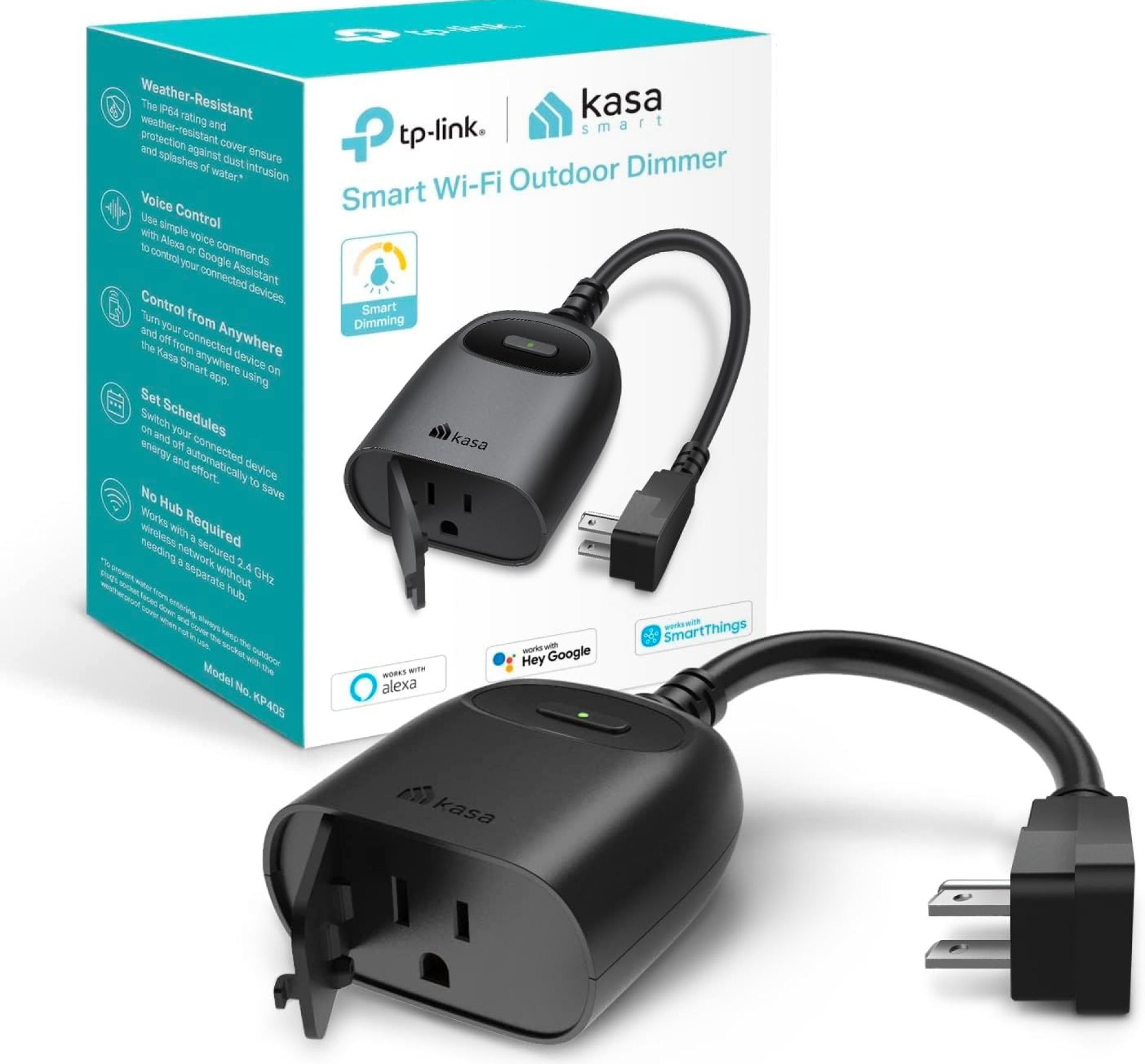 Kasa Outdoor Smart Dimmer Plug, IP64 Plug- in Dimmer for Outdoor String Lights, Compatible with Alexa, Google Assistant & SmartThings, Long Wi-Fi Range 2.4Ghz, No Hub Required, ETL Certified(KP405) Kasa Outdoor Smart Dimmer Plug, IP64 Plug- in Dimmer for Outdoor String Lights, Compatible with Alexa, Google Assistant & SmartThings, Long Wi-Fi Range 2.4Ghz, No Hub Required, ETL Certified(KP405)