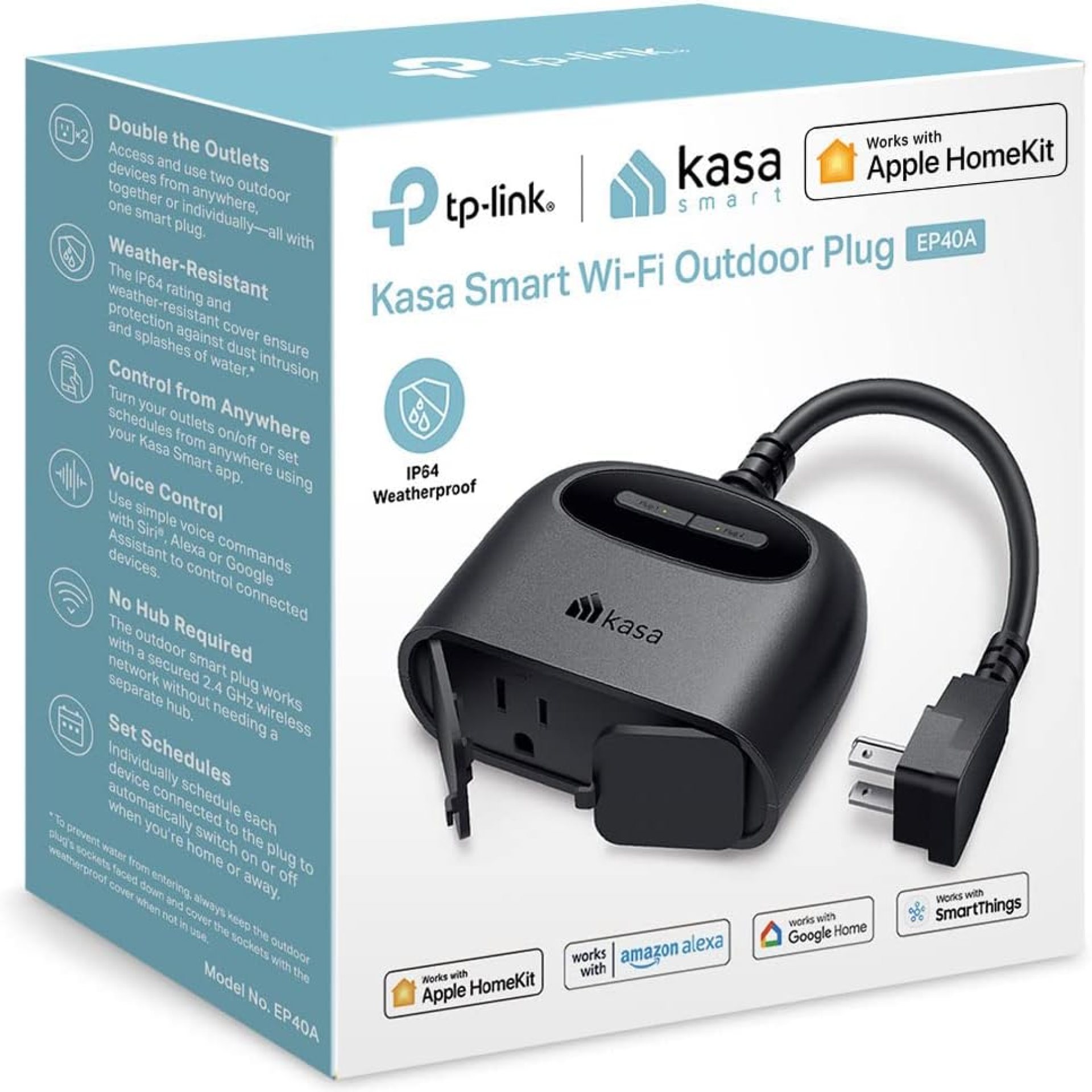 Kasa Apple HomeKit Outdoor Smart Plug, 2 Sockets, IP64 Weather Resistance for Outdoor String Lights, Compatible with Siri, Alexa & Google Home, Long Wi-Fi Range, 2.4G Wi-Fi Only, ETL Certified (EP40A) Kasa Apple HomeKit Outdoor Smart Plug, 2 Sockets, IP64 Weather Resistance for Outdoor String Lights, Compatible with Siri, Alexa & Google Home, Long Wi-Fi Range, 2.4G Wi-Fi Only, ETL Certified (EP40A)