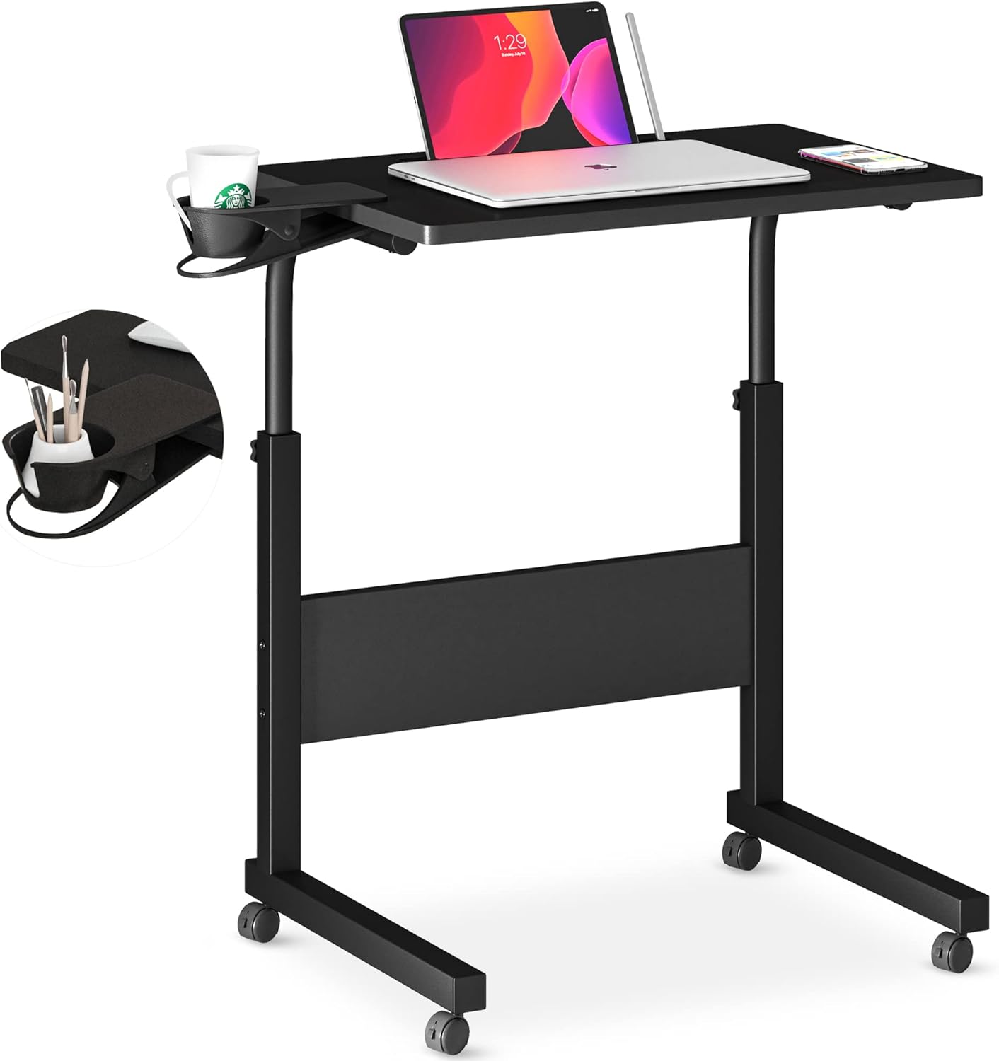 Klvied Standing Desk Adjustable Height, Stand Up Desk with Cup Holder, Portable Laptop Desk, Mobile, Small Computer Desk, Bedside Table, Black Rolling Desk, Work Desk for Home Office Klvied Standing Desk Adjustable Height, Stand Up Desk with Cup Holder, Portable Laptop Desk, Mobile, Small Computer Desk, Bedside Table, Black Rolling Desk, Work Desk for Home Office