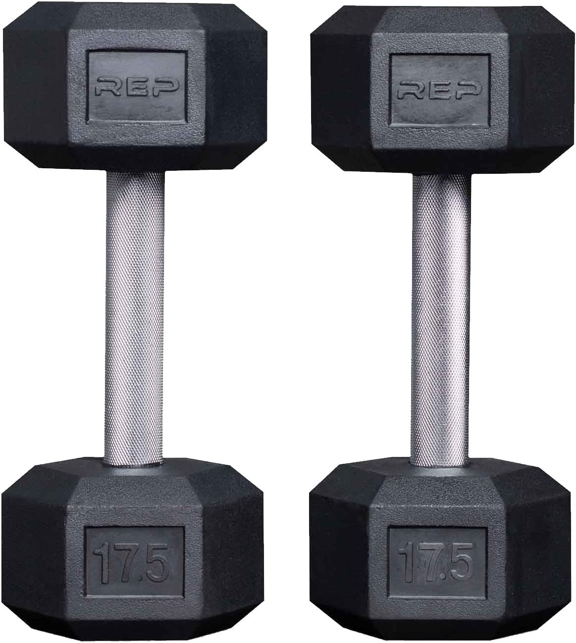 Rep Fitness Rubber Hex Dumbbell(s) – Singles (55LB +) and Pairs (5LB – 50LB) – Low Odor, Fully Knurled Handle Rep Fitness Rubber Hex Dumbbell(s) – Singles (55LB +) and Pairs (5LB – 50LB) – Low Odor, Fully Knurled Handle
