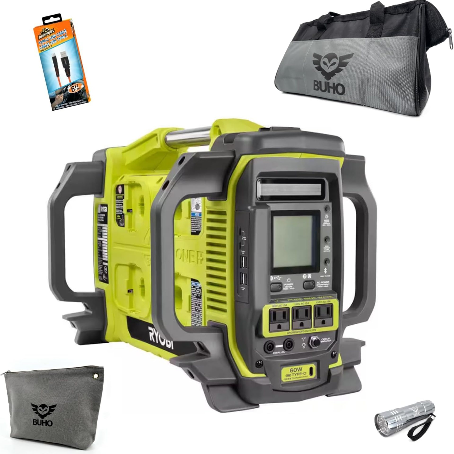 Buho 18-Volt Portable Power Station Accessory Kit – Ryobi Pure Sine Wave 1800 Watt Battery Inverter 8-Port Charger USB Cable Pocket Flashlight Tool Pouch Buho 18-Volt Portable Power Station Accessory Kit – Ryobi Pure Sine Wave 1800 Watt Battery Inverter 8-Port Charger USB Cable Pocket Flashlight Tool Pouch