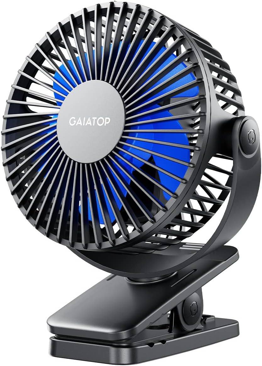 Gaiatop Portable Clip on Fan Battery Operated, Small Powerful 3 Speed Quiet 360° Rotate, USB Rechargeable Mini Personal Cooling for Desk Table Home Office Stroller Camping Black Blue Gaiatop Portable Clip on Fan Battery Operated, Small Powerful 3 Speed Quiet 360° Rotate, USB Rechargeable Mini Personal Cooling for Desk Table Home Office Stroller Camping Black Blue