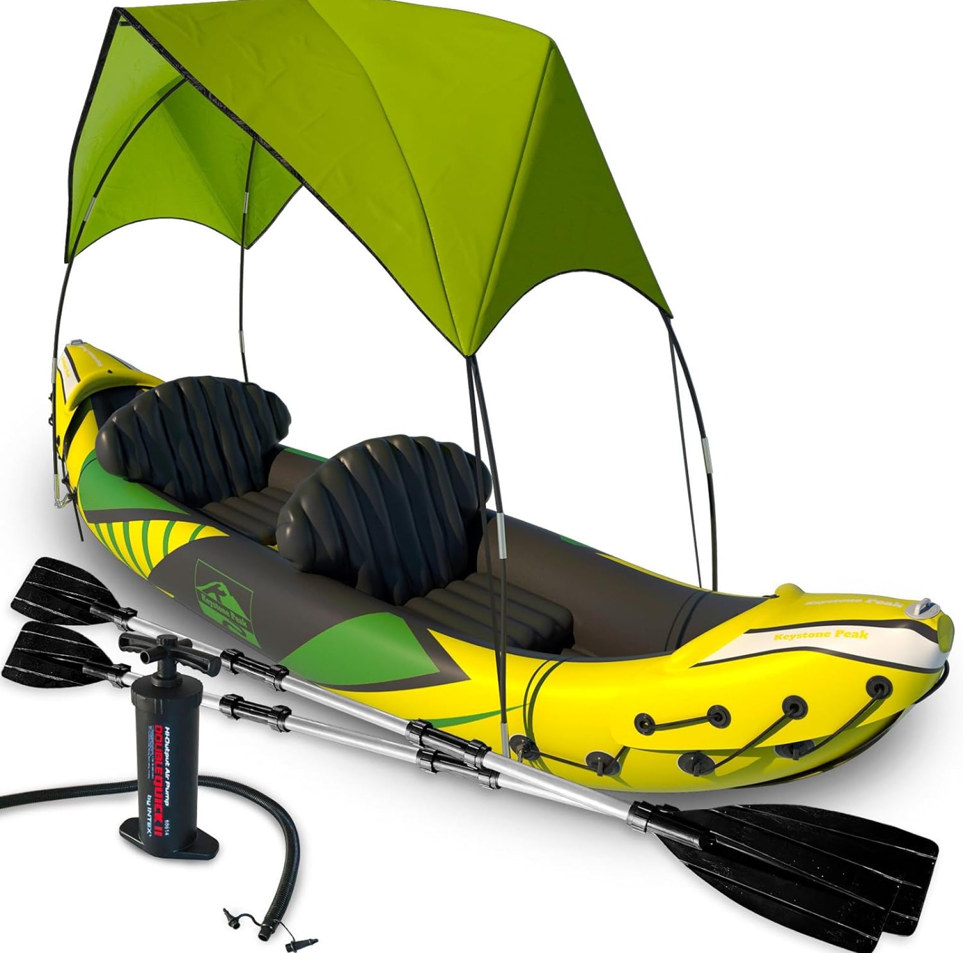 KP Inflatable Kayak 2 Person with Sun Canopy (Detachable) + Kayaks for Adults + 3rd Seat for Dog/Child + Waterproof Phone Bags + Adjustable Seats + Kayak + Backrests & More + New 2024 + Yellow Green KP Inflatable Kayak 2 Person with Sun Canopy (Detachable) + Kayaks for Adults + 3rd Seat for Dog/Child + Waterproof Phone Bags + Adjustable Seats + Kayak + Backrests & More + New 2024 + Yellow Green